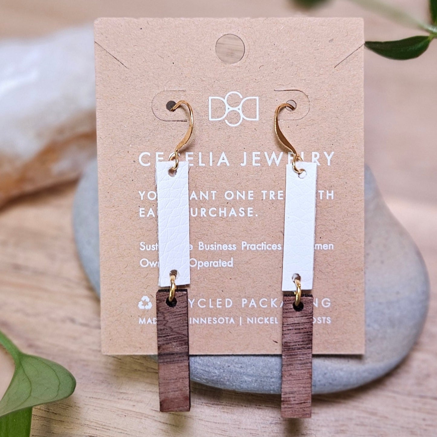 Wood Leather Dangle Earrings