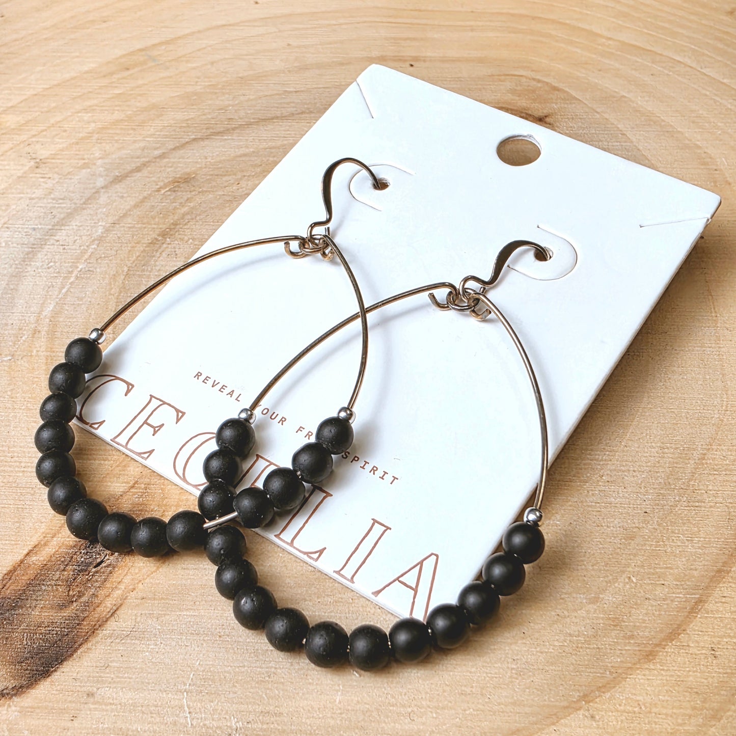Silver Teardrop Hoop and Black Beads Earrings