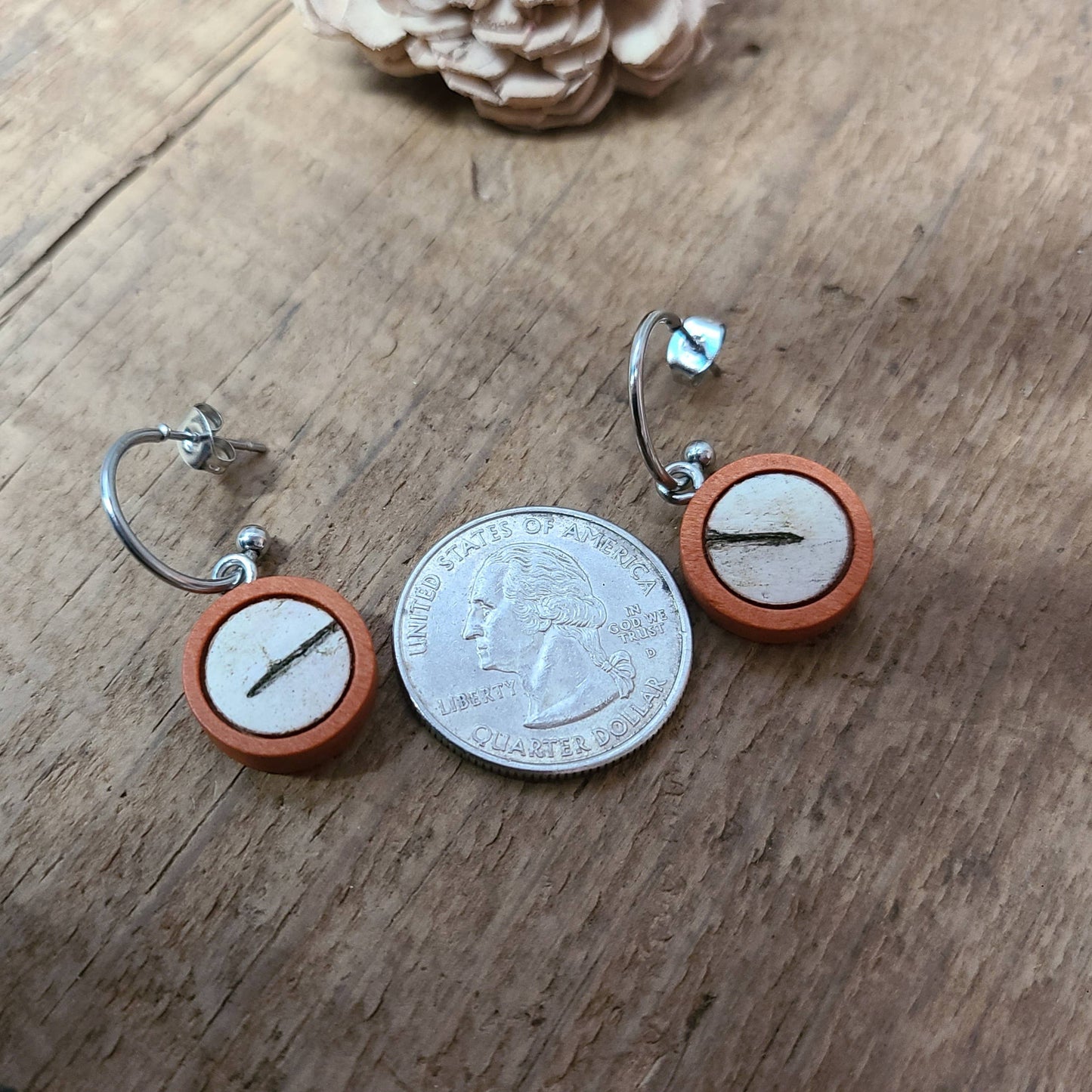 Natural Wood Birch Bark Post Hoop Earrings 10mm: Orange