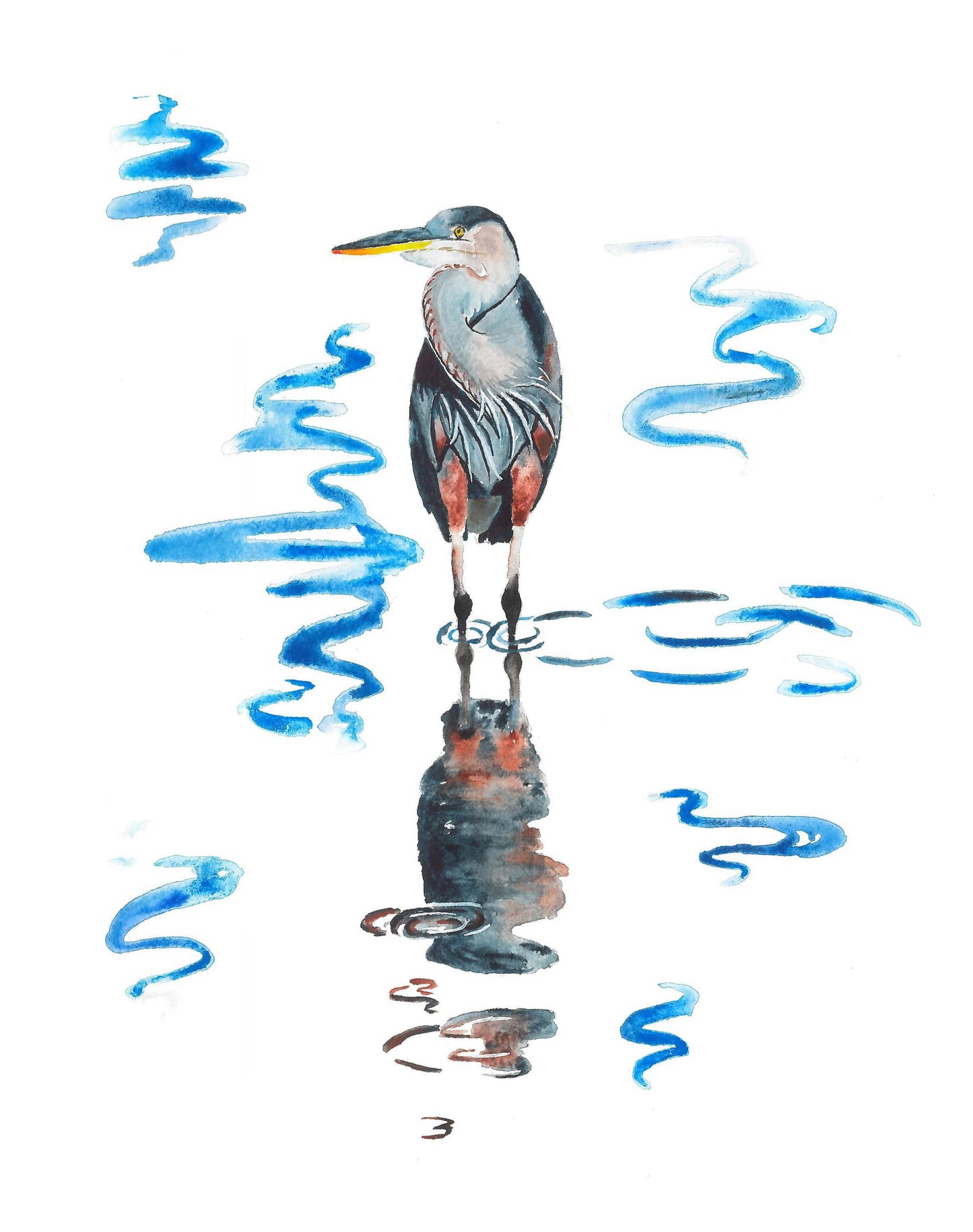 Blue Heron Reflection - Watercolor Art Print: 8x10