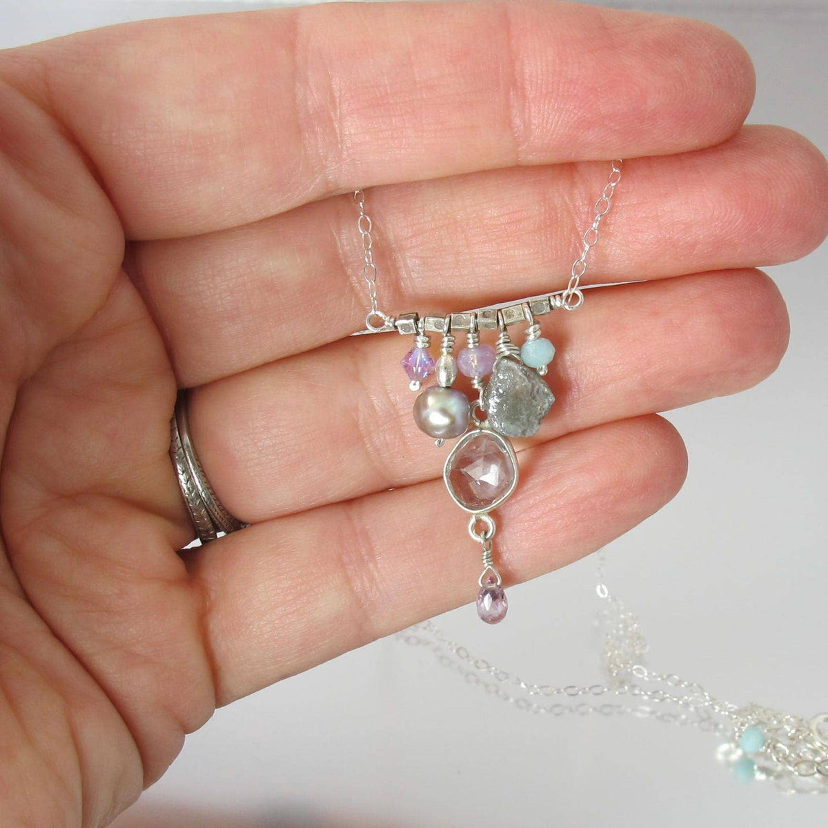 Multi Gemstone Sterling Silver Cluster Charm Necklace