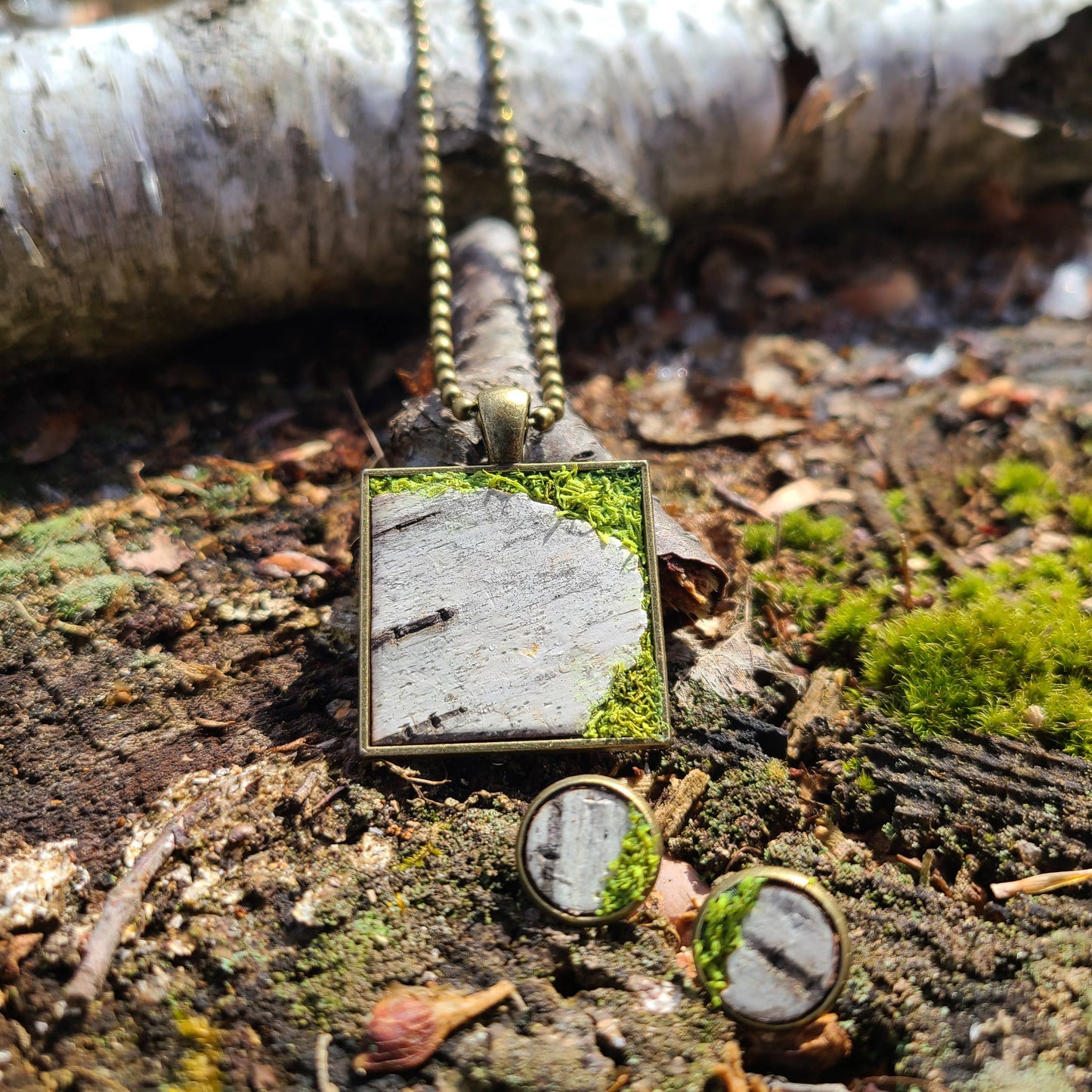 Mossy Birch Bark Square Necklace Earrings Botanical Nature