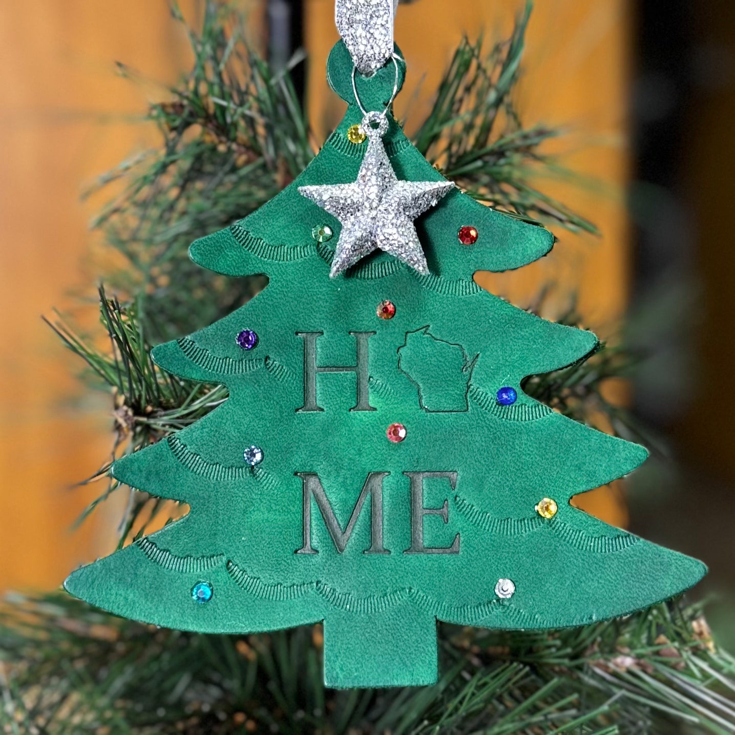 Leather Embossed WI Home Tree Ornament