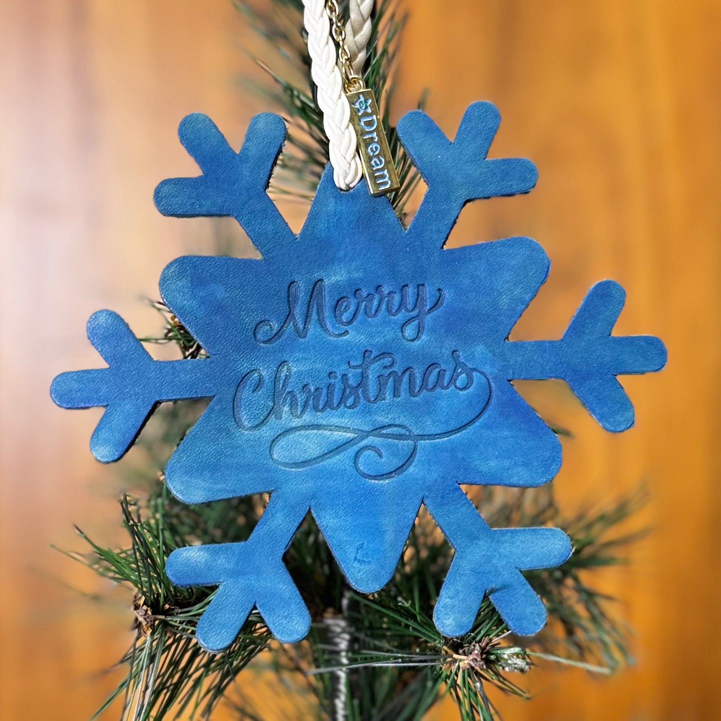 Leather Embossed Merry Christmas Snowflake Ornament