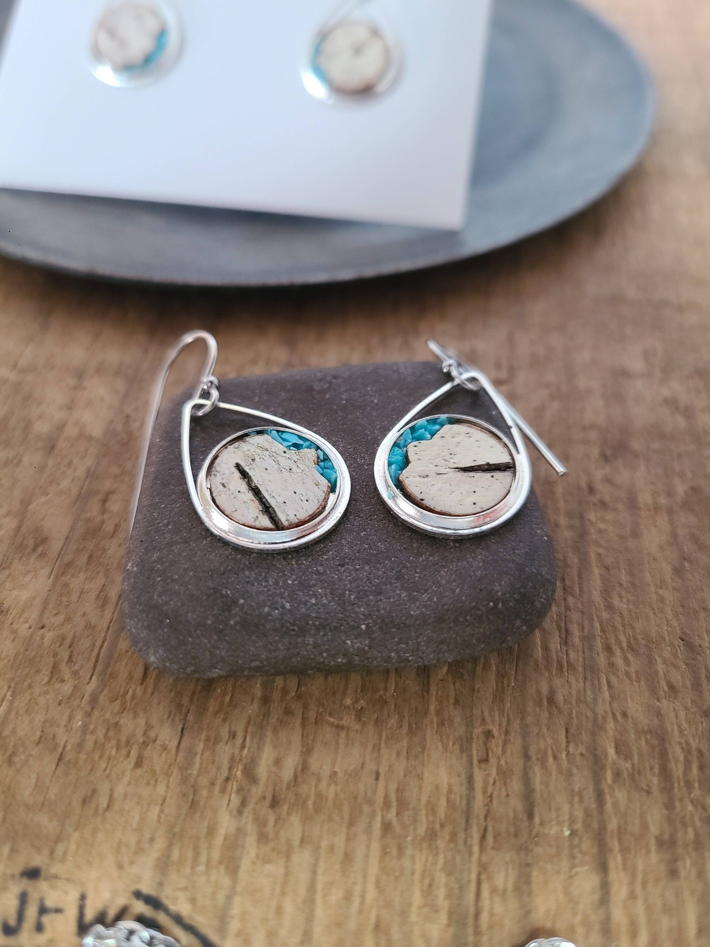 Stainless Steel Turquoise Birch Bark Earrings