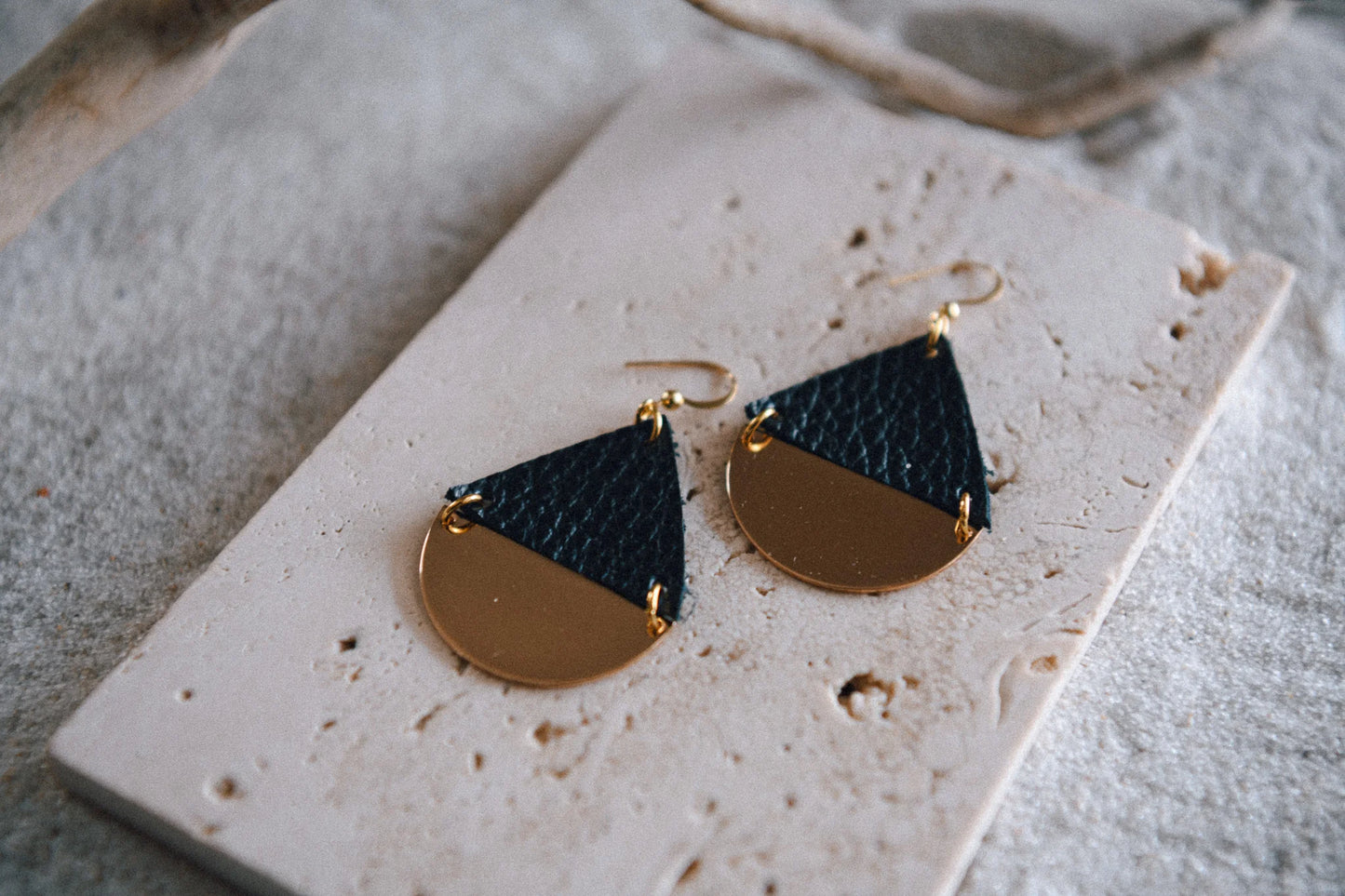 Gold Plated Half Moon & Leather Triangle Earrings