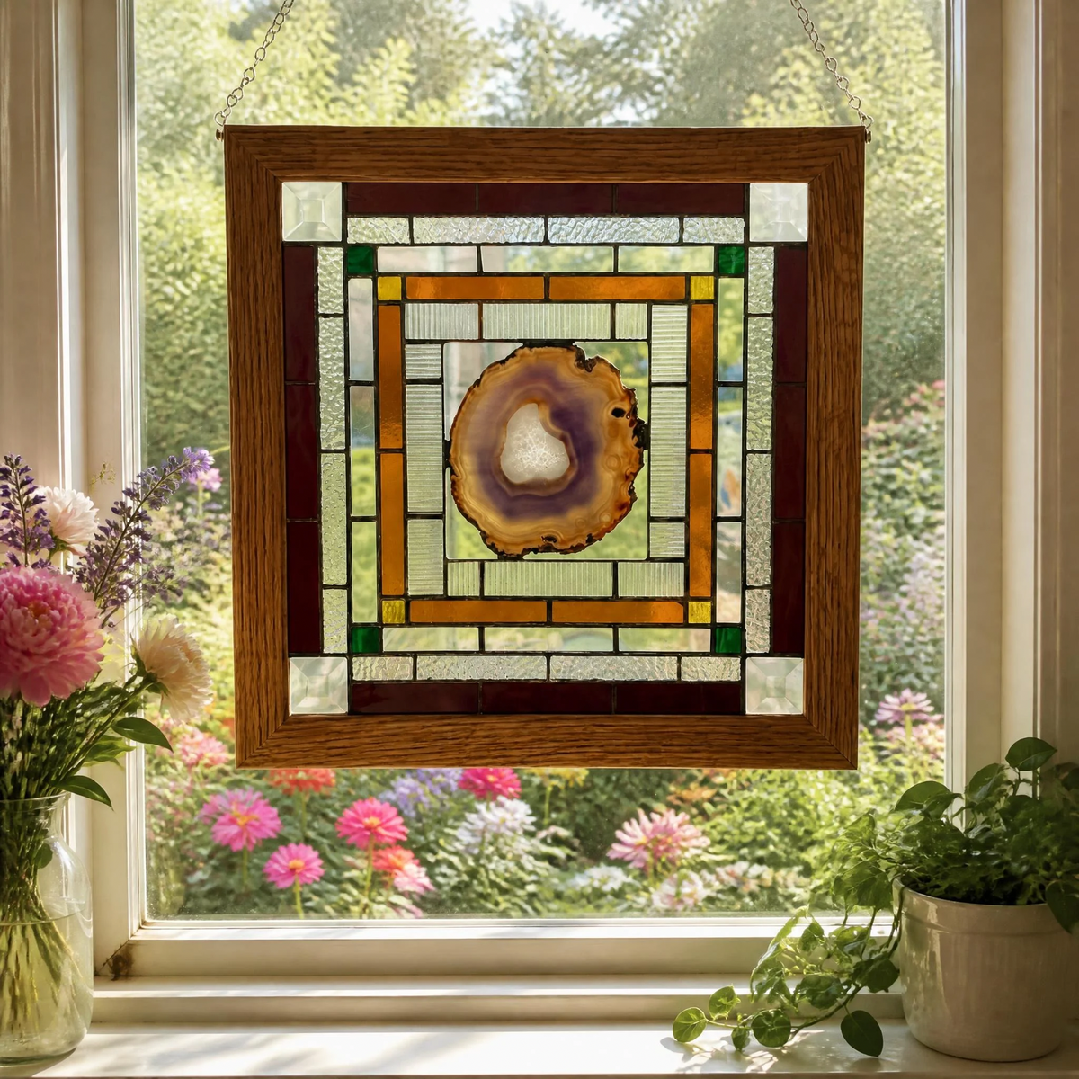 Stained Glass Window Panel with Geode