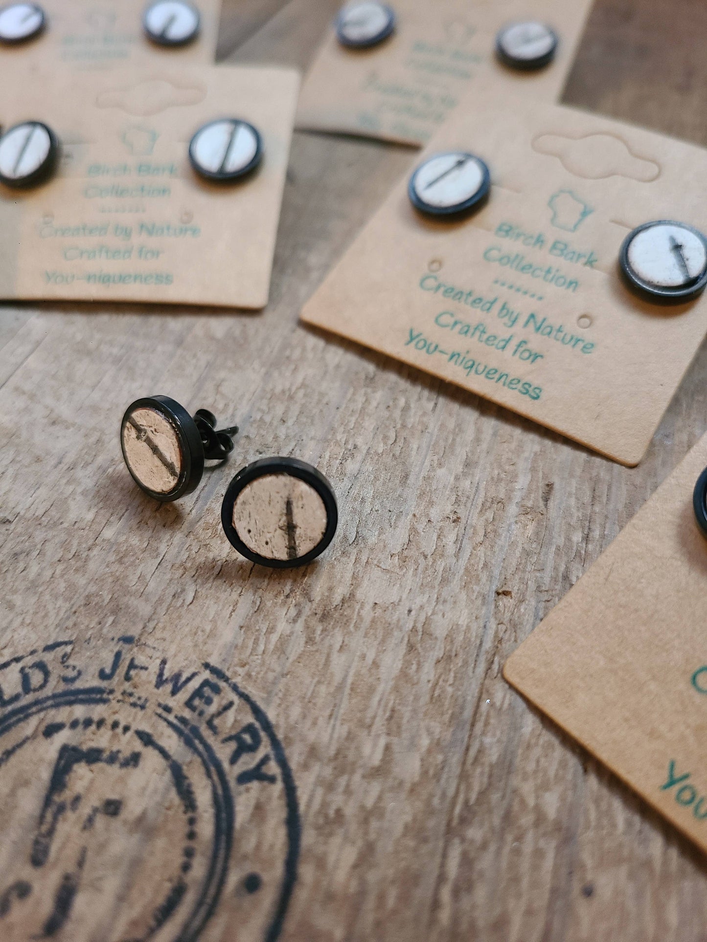 Birch Bark Wood Black Stud Earrings 10mm