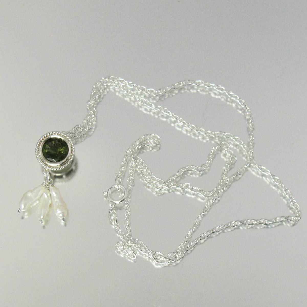 Rare Czech Moldavite & Pearl Sterling Silver Slide Necklace