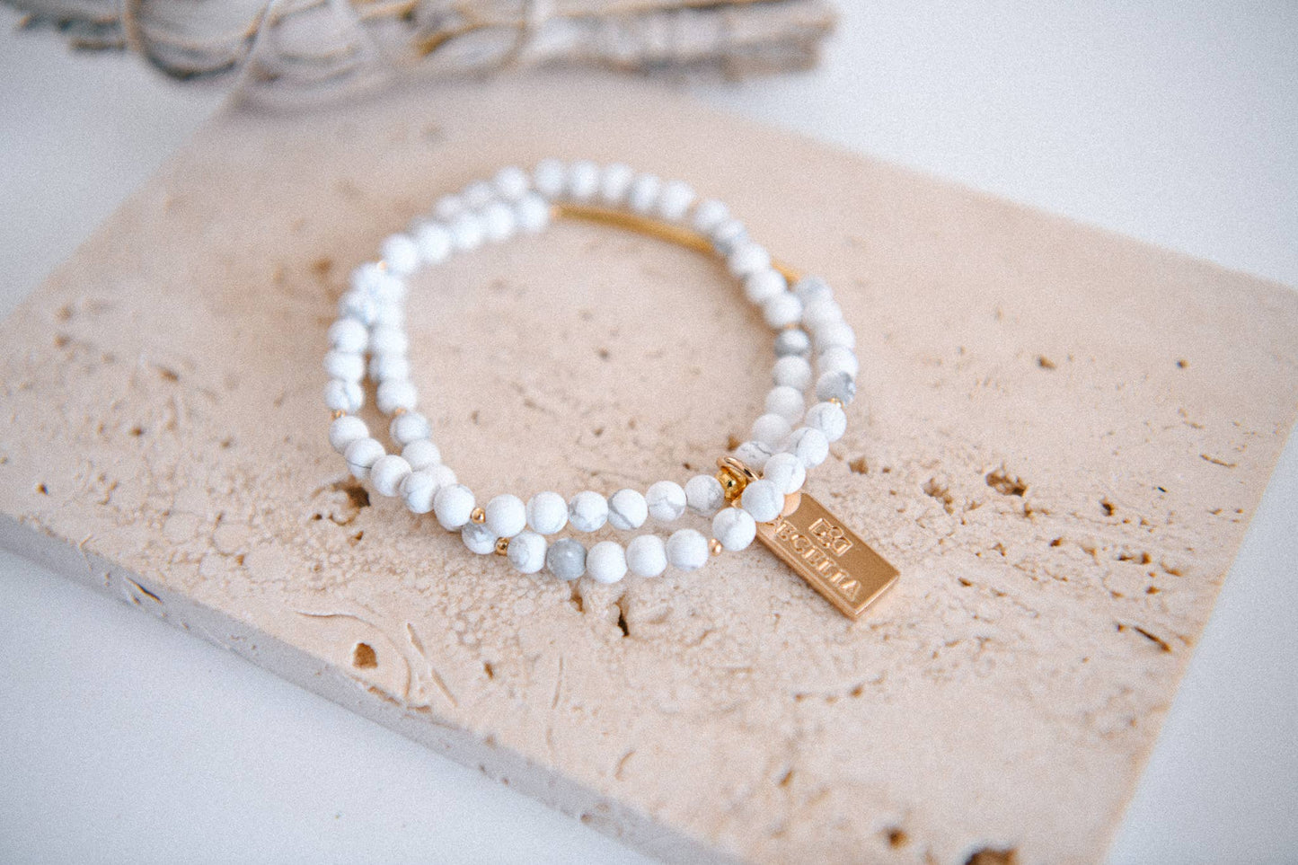 Gemstone and Gold Double Wrap Bracelet: White Howlite