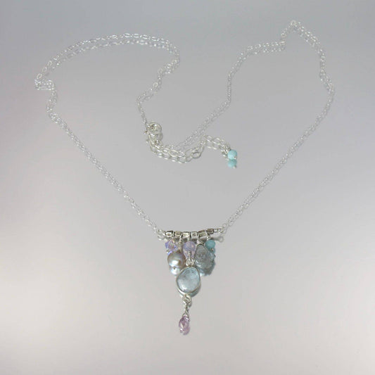 Multi Gemstone Sterling Silver Cluster Charm Necklace