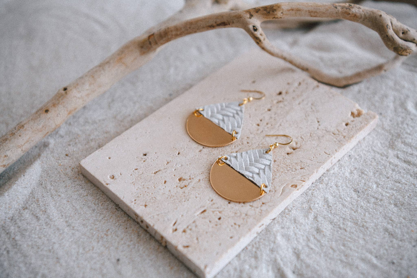 Gold Plated Half Moon & Leather Triangle Earrings: White