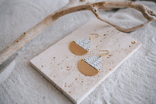 Gold Plated Half Moon & Leather Triangle Earrings: White