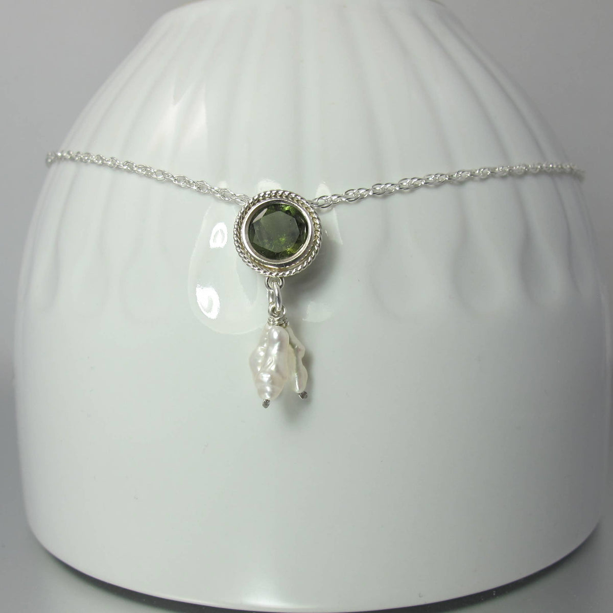 Rare Czech Moldavite & Pearl Sterling Silver Slide Necklace