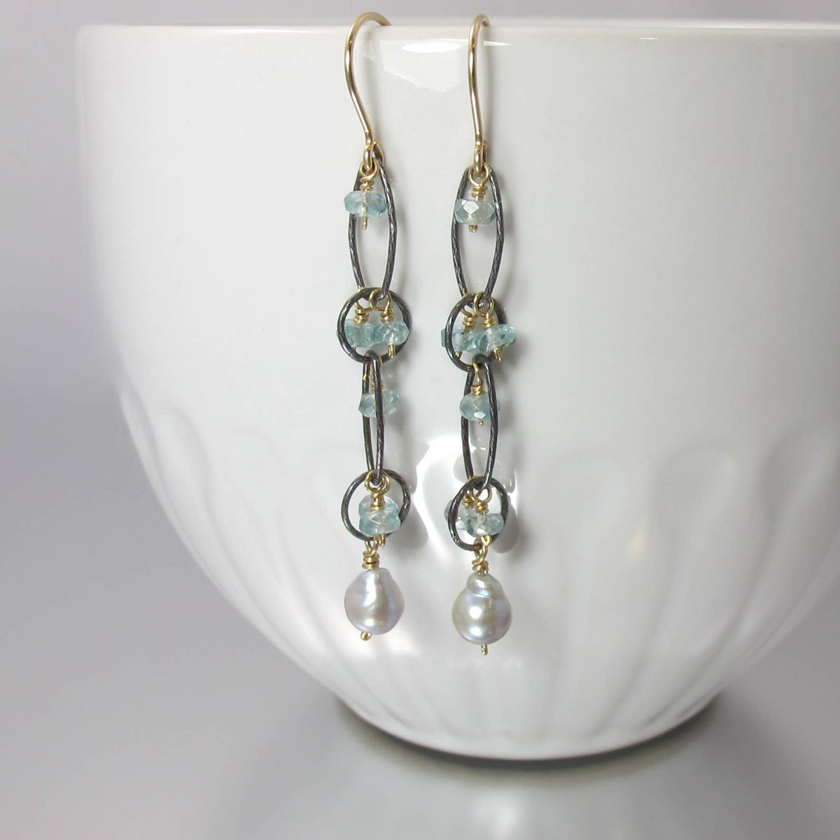Akoya Pearl & Blue Zircon Mixed Metal Earrings