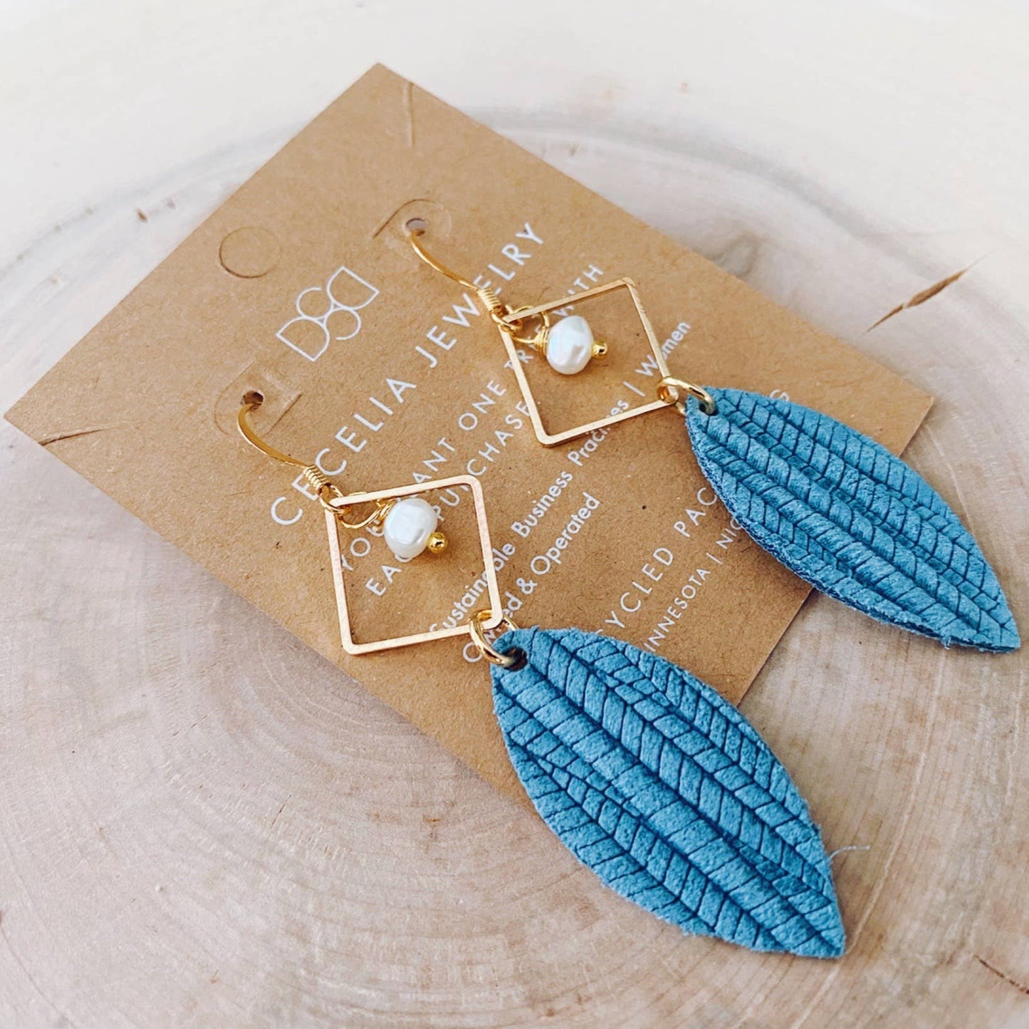 Dane Denim Teal and Pearl Diamond Leather Earrings: Denim Leather Earrings