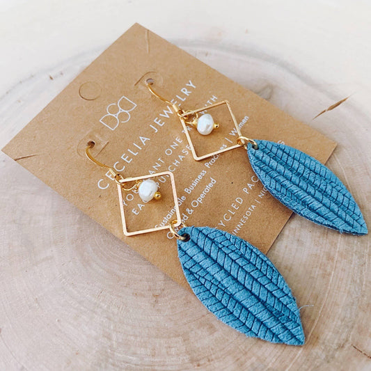 Dane Denim Teal and Pearl Diamond Leather Earrings: Denim Leather Earrings