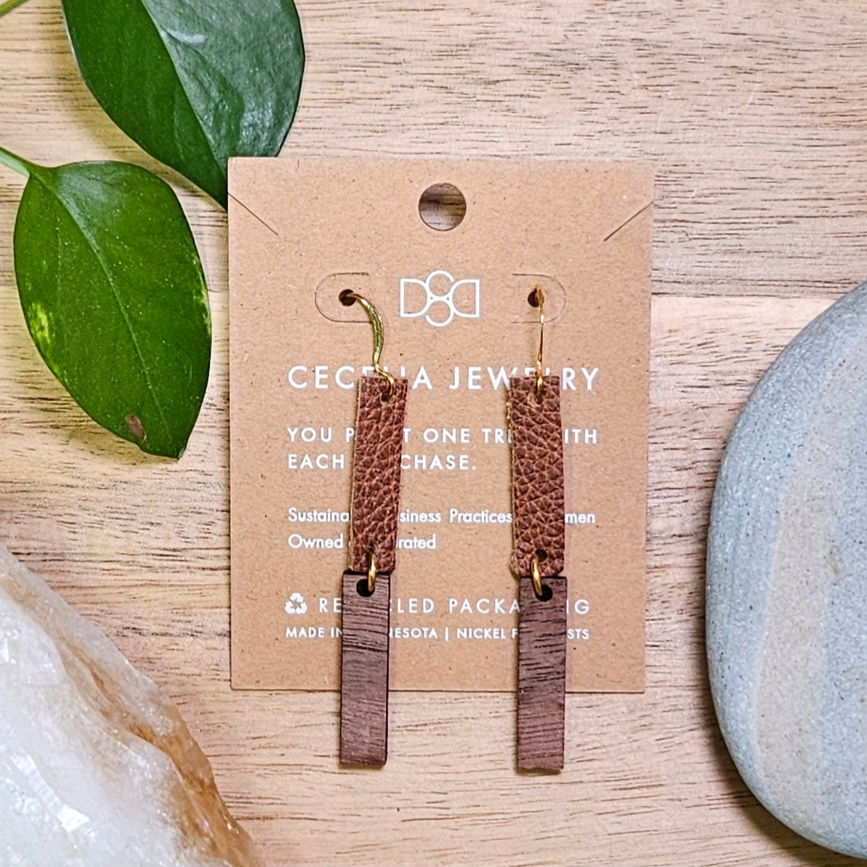 Wood Leather Dangle Earrings