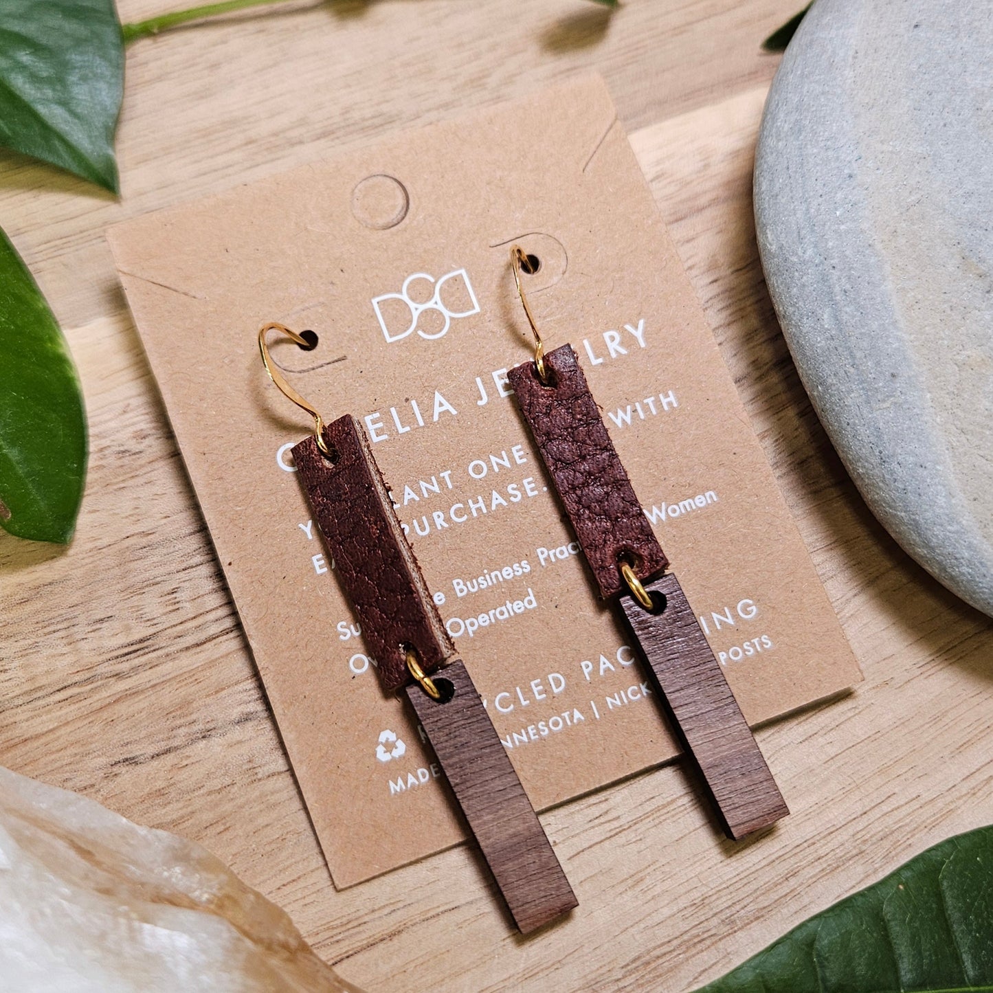 Wood Leather Dangle Earrings