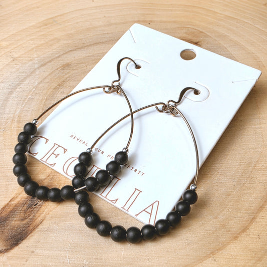 Silver Teardrop Hoop and Black Beads Earrings