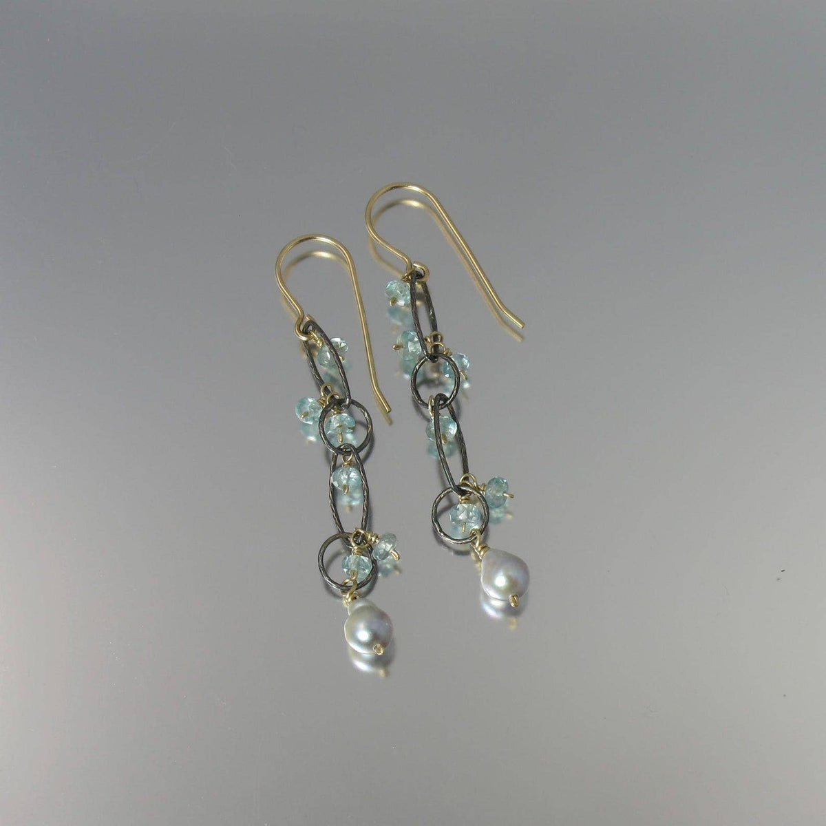 Akoya Pearl & Blue Zircon Mixed Metal Earrings