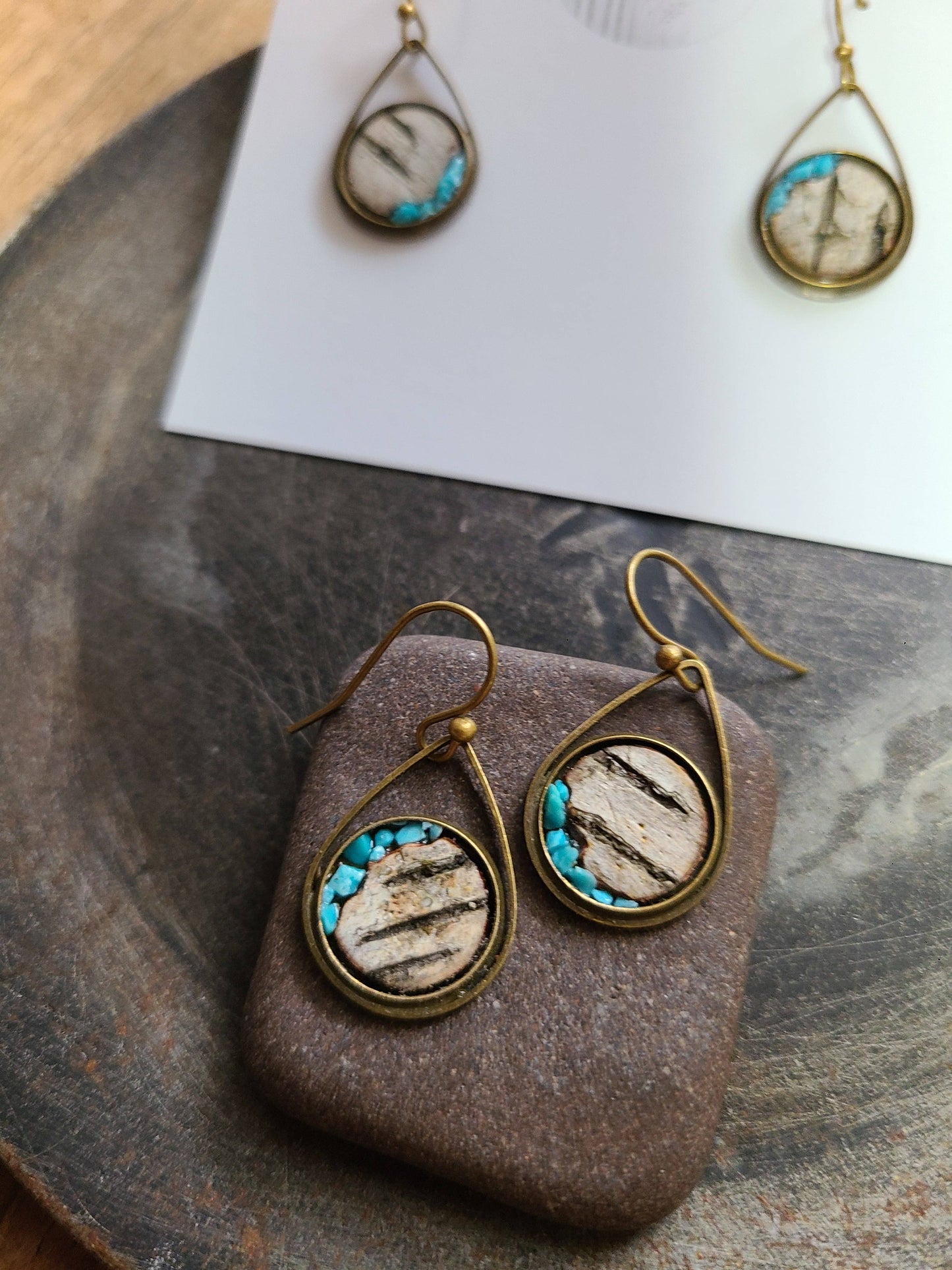Turquoise Birch Bark Earrings-Rustic Dangle
