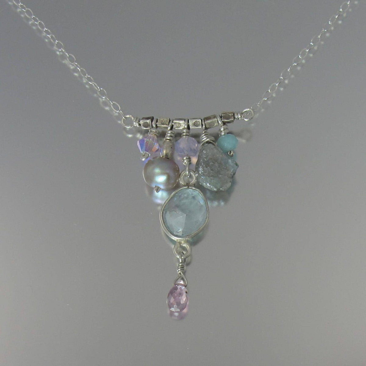 Multi Gemstone Sterling Silver Cluster Charm Necklace