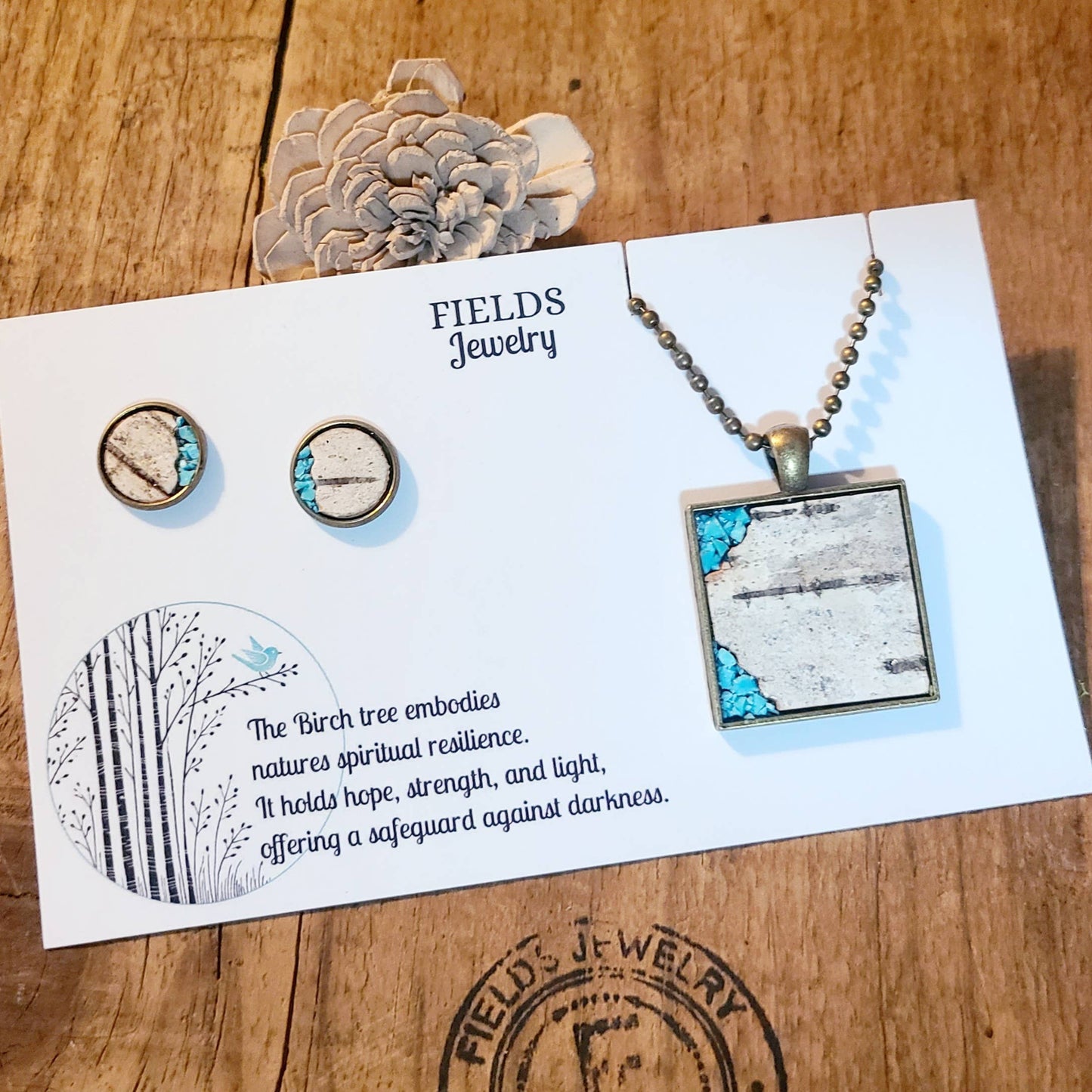 Turqouise Birch Bark Square Necklace Set Botanical Nature