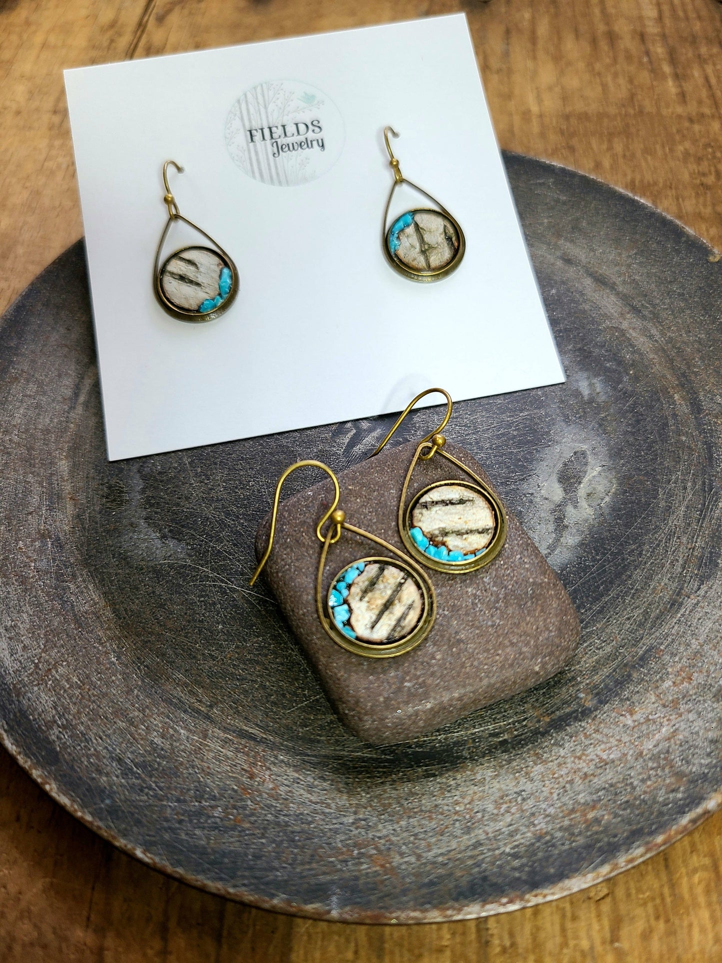 Turquoise Birch Bark Earrings-Rustic Dangle