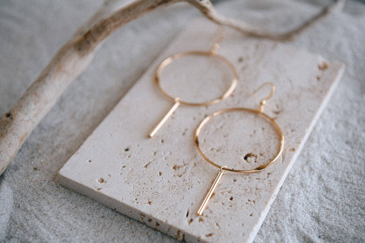 Gatsby Timeless Bar Drop Gold Plated Earrings: Bar Round Hoop Earrings 14k Gold Plated