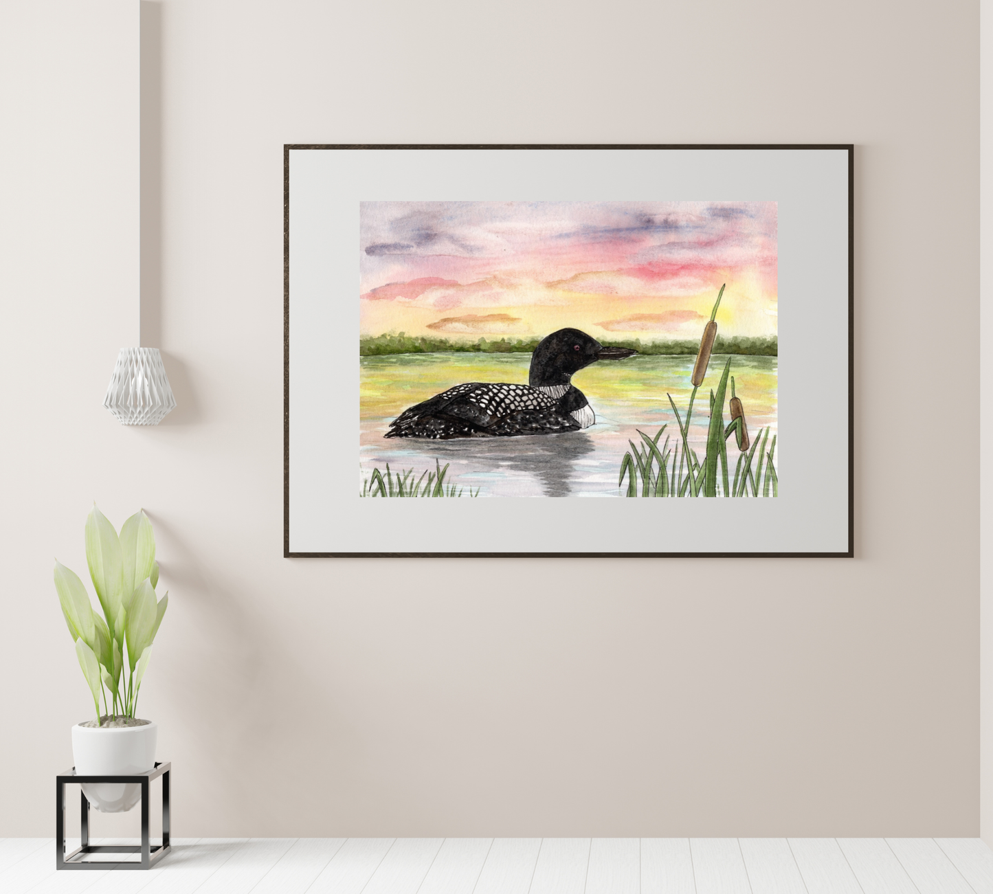 Loon at Sunset - Pen and Watercolor Painting Fine Art Print: 8x10 inches