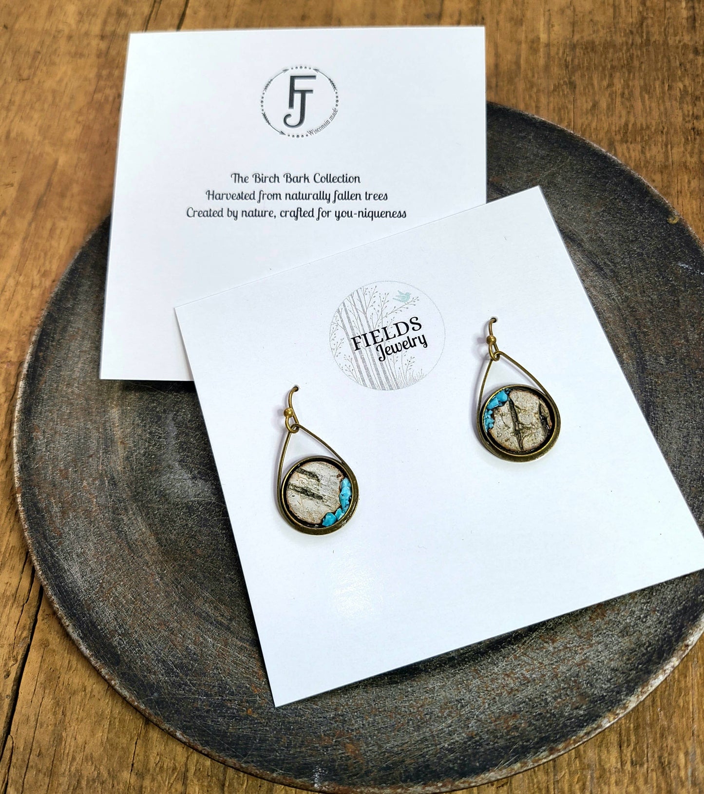Turquoise Birch Bark Earrings-Rustic Dangle