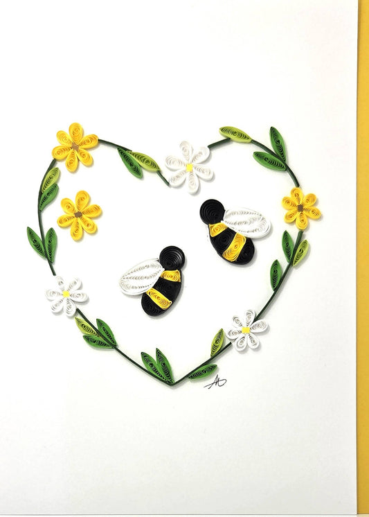 Bees with Daisy Flowers Heart Quilled Greeting Card