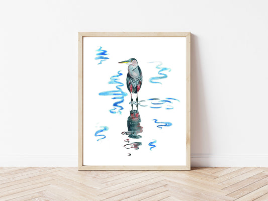 Blue Heron Reflection - Watercolor Art Print: 8x10