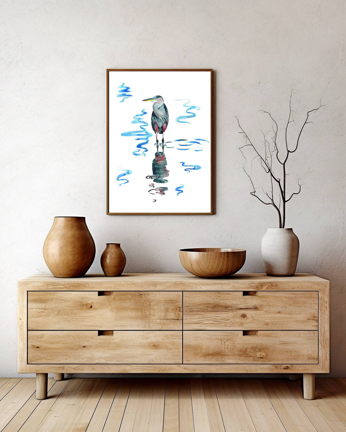 Blue Heron Reflection - Watercolor Art Print: 8x10