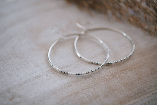 Sterling Silver and Seed Bead Hoop Earrings: Silver