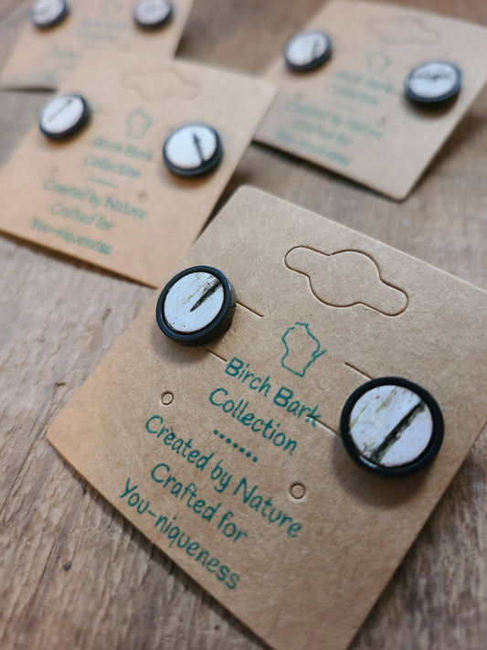 Birch Bark Wood Black Stud Earrings 10mm