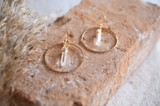 Crystal Quartz Handmade Gold Wire-Wrapped Hoops