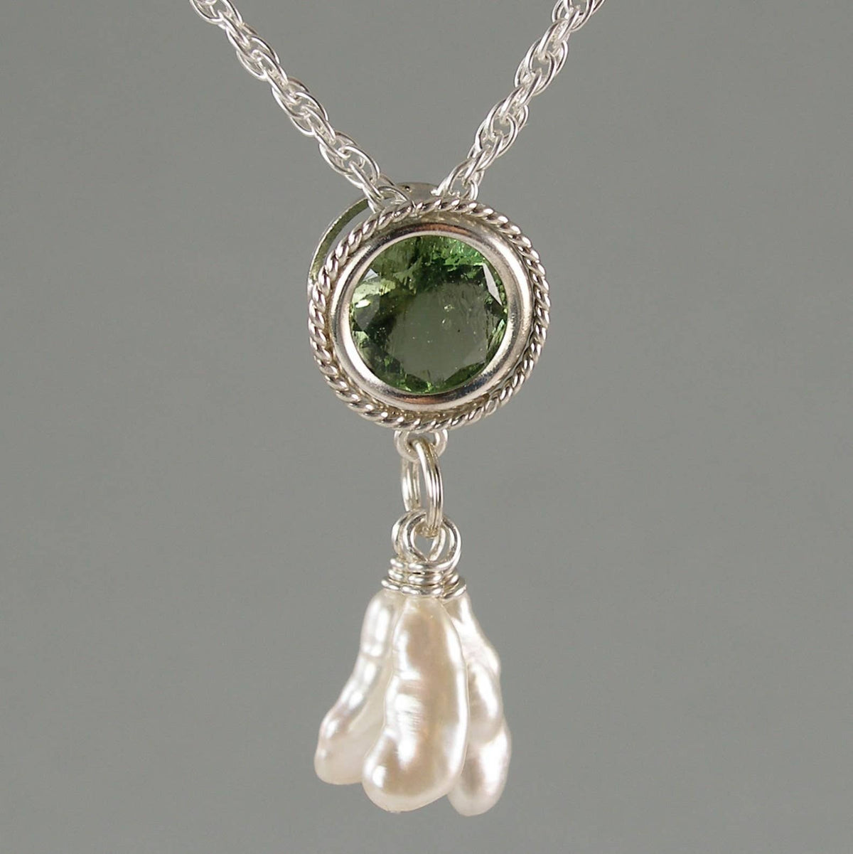 Rare Czech Moldavite & Pearl Sterling Silver Slide Necklace