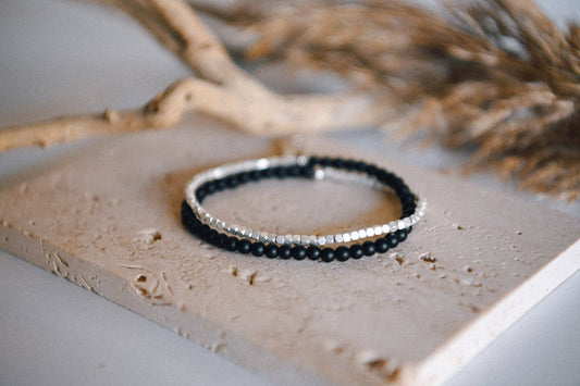 Double Wrap Silver Beaded Bracelet : Black Agate