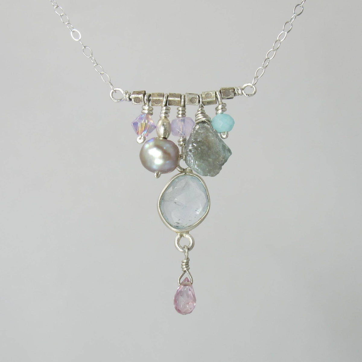 Multi Gemstone Sterling Silver Cluster Charm Necklace