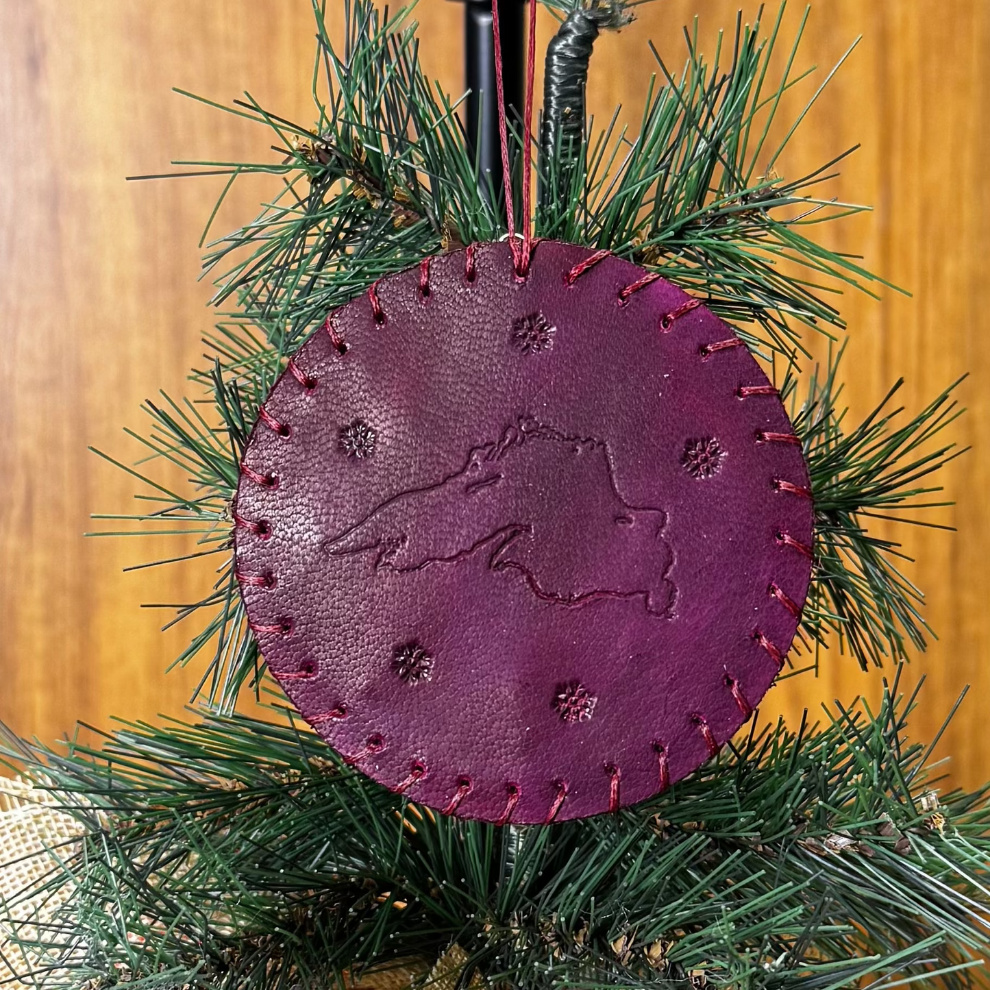 Leather Woven Snowflake/ Embossed Lake Superior Design Ornament