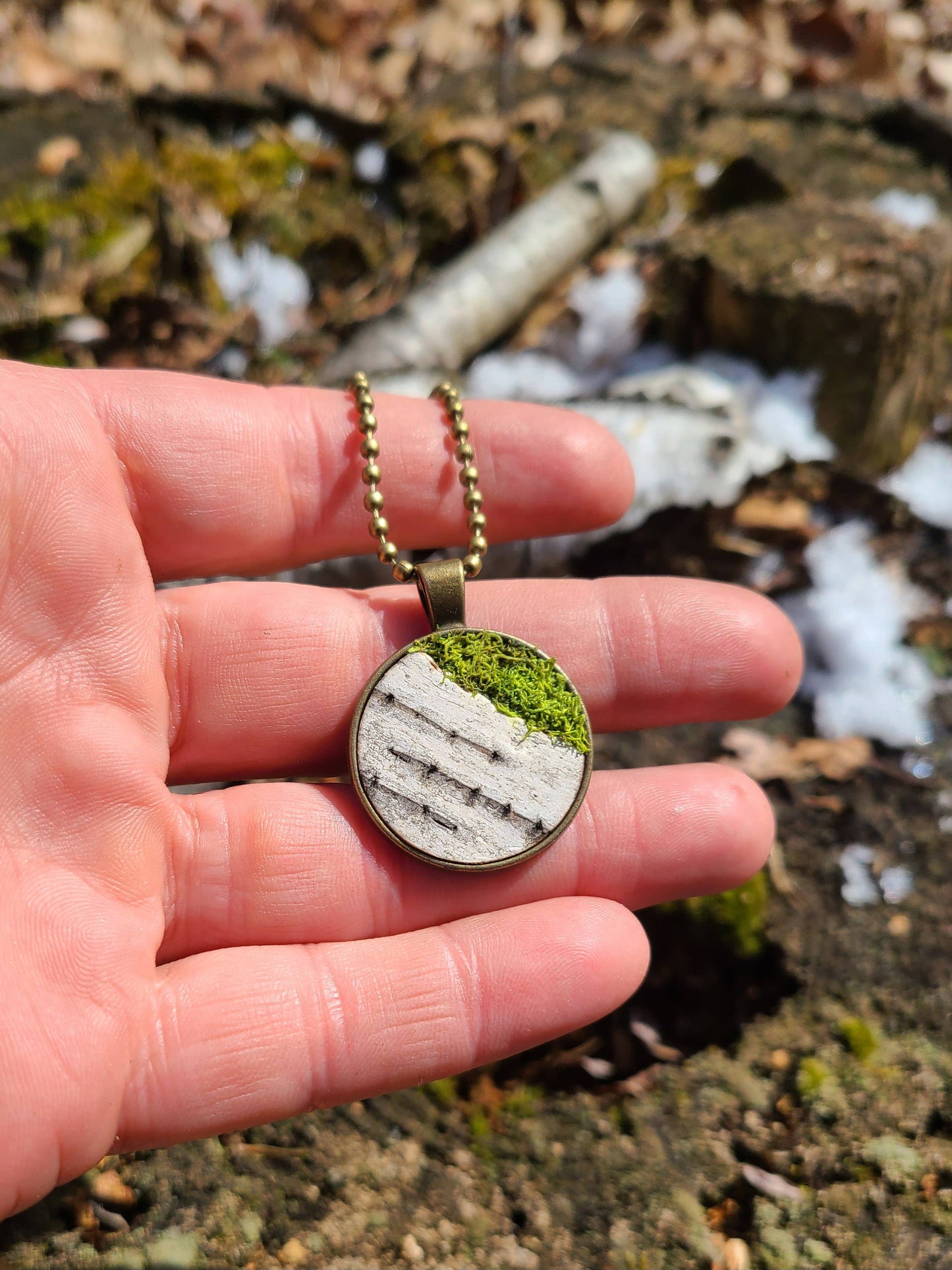 Mossy Birch Bark Circle Bronze Necklace