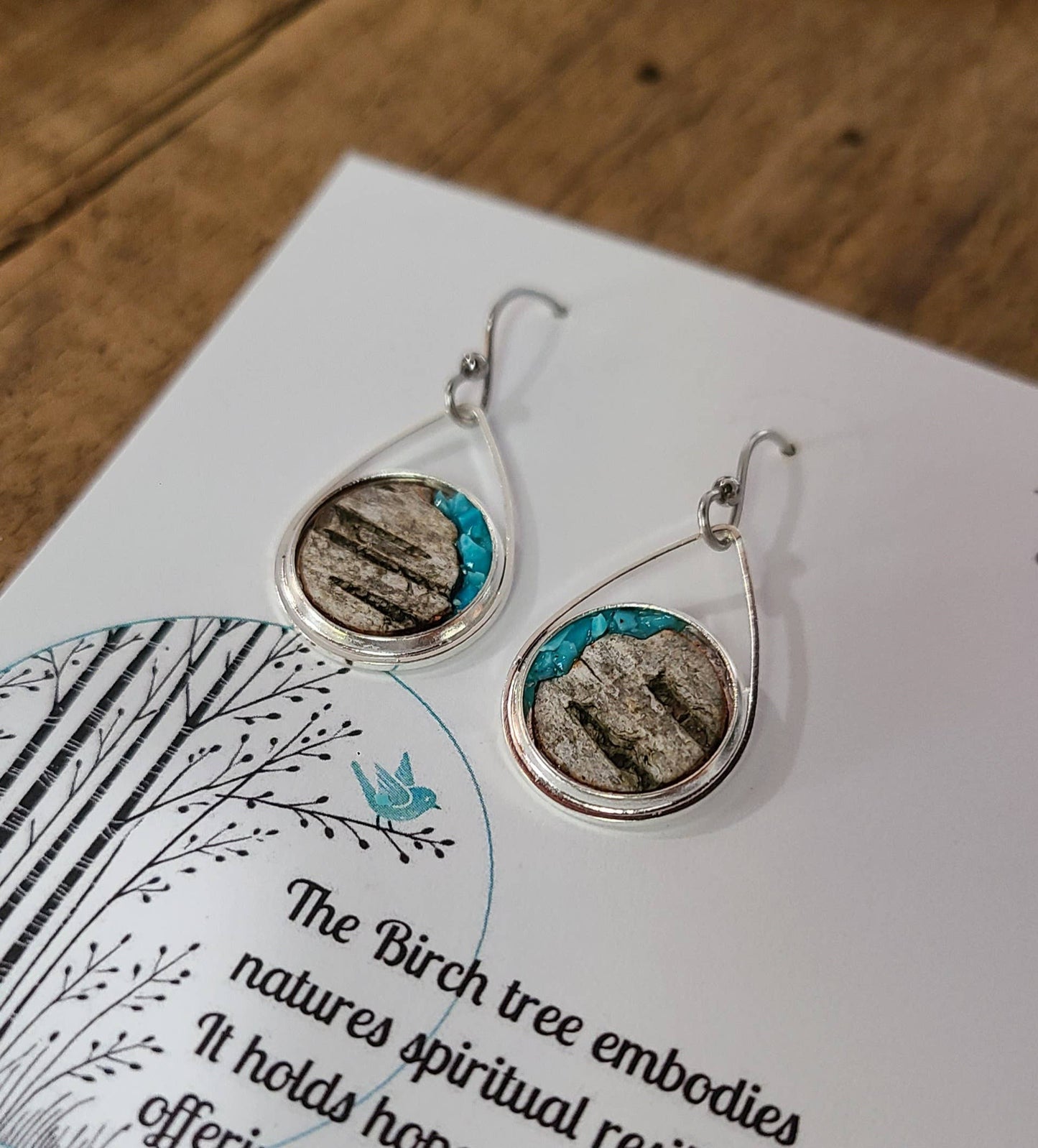 Stainless Steel Turquoise Birch Bark Earrings