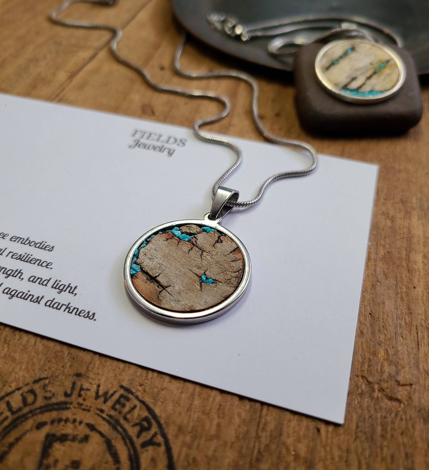 Stainless Steel Turquoise Birch Bark Circle Necklace