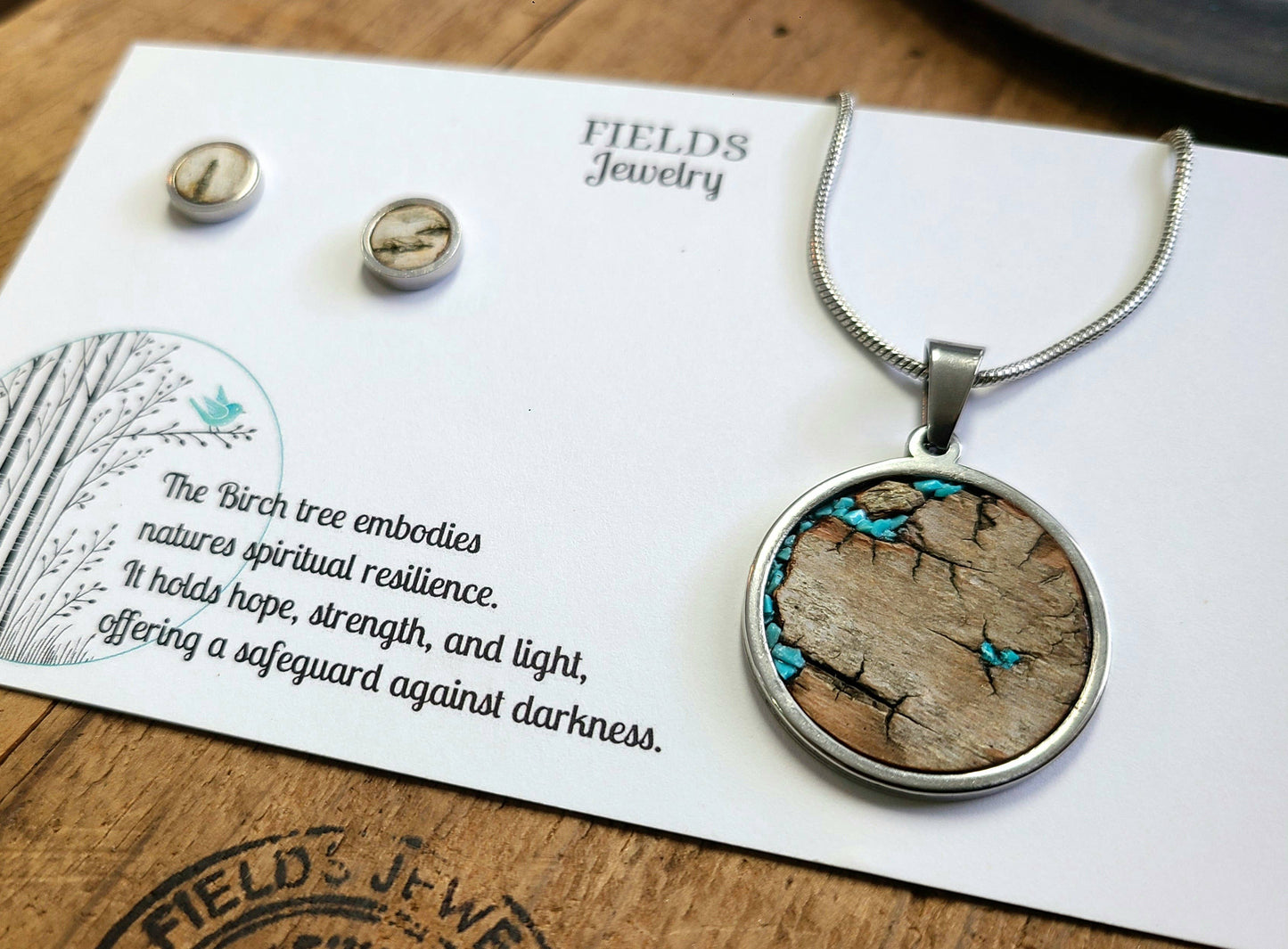 Stainless Steel Turquoise Birch Bark Circle Necklace