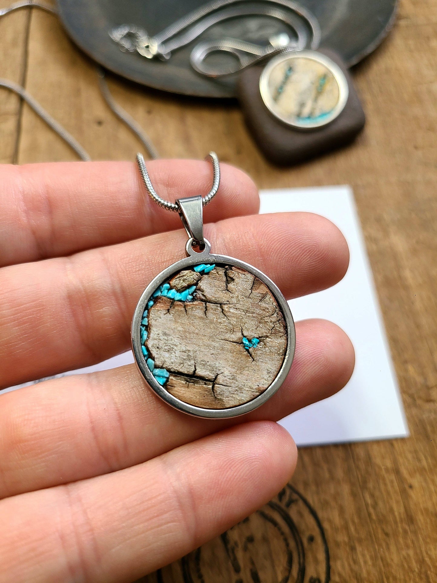 Stainless Steel Turquoise Birch Bark Circle Necklace
