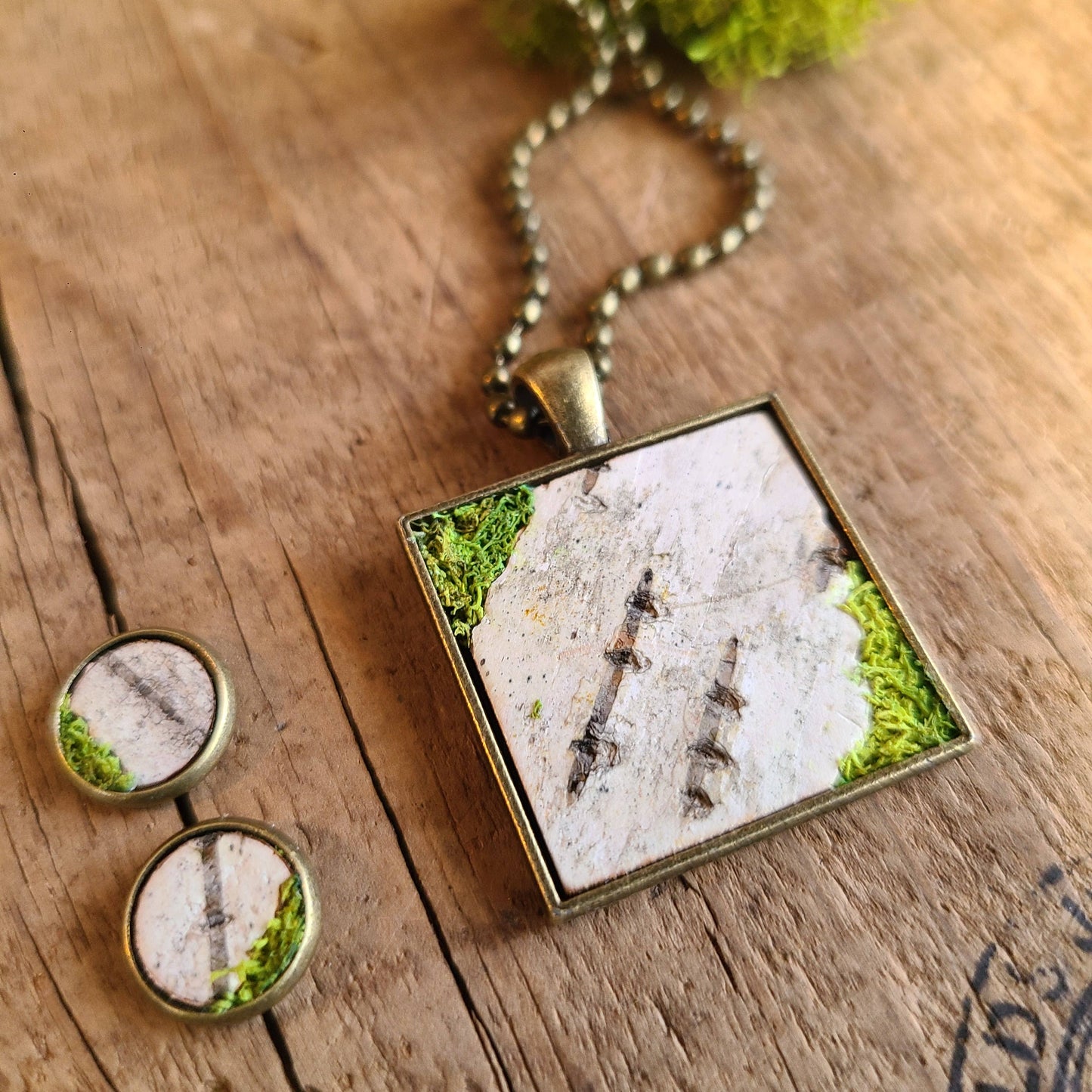 Mossy Birch Bark Square Necklace Earrings Botanical Nature