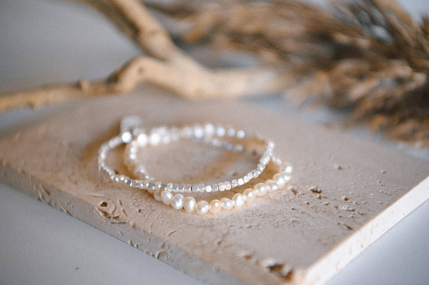 Double Wrap Silver Beaded Bracelet: Pearl