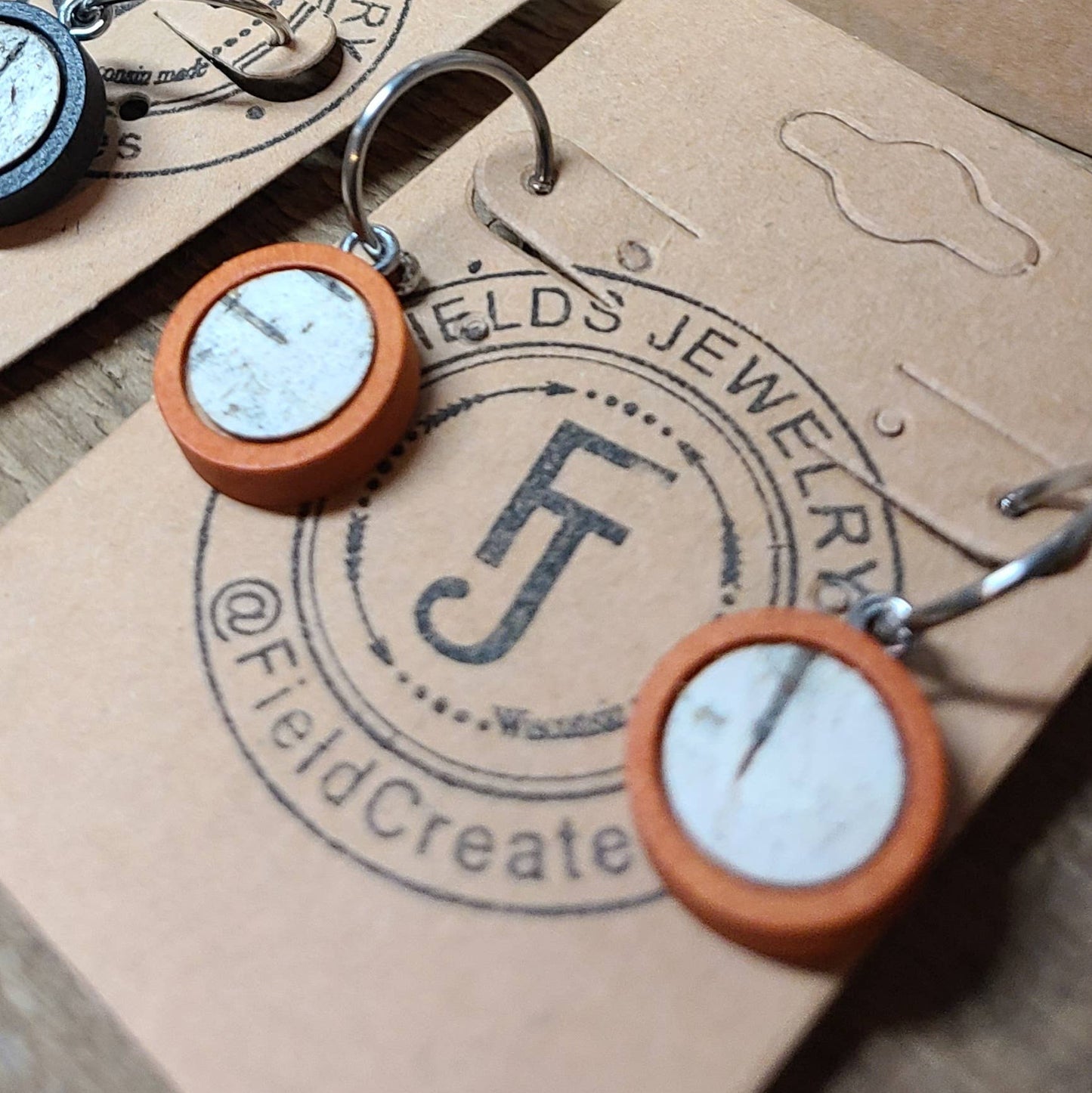 Natural Wood Birch Bark Post Hoop Earrings 10mm: Orange